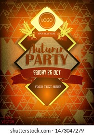 Abstract Vector autumn & fall party poster template invitation with lettering, yellow wheat, doodle geometric elements on triangle elements pattern background. Vector EPS 10