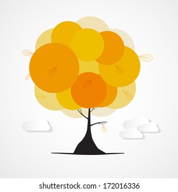Abstract Vector Autumn Tree with Clouds Isolated on White Background 