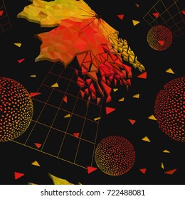 Abstract vector bachground of maple leaf crumbling on the splinters. Low poly, 3d and mempis effect. Autumn theme. Seamless pattern.