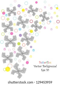 abstract vector backdrop design with butterflies in silhouettes, colorful bubbles, circles and place for your text isolated on white background