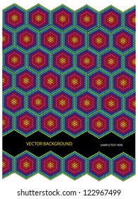 abstract vector backdrop design with colorful symmetrical combs and frame for your text isolated on black background