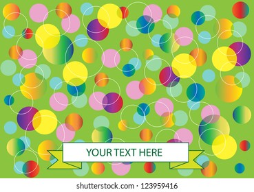 abstract vector backdrop design with colorful glossy and gradient bubbles and ribbon banner with place for text isolated on green background