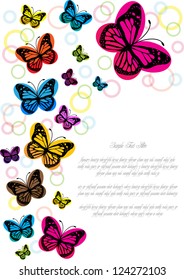 abstract vector backdrop design with colorful butterflies and bubbles isolated on white background