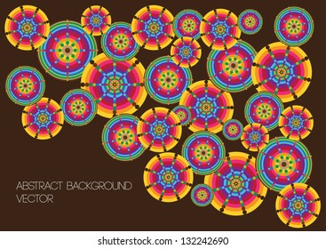 abstract vector backdrop design with colorful symmetrical circles and place for text isolated on dark brown background