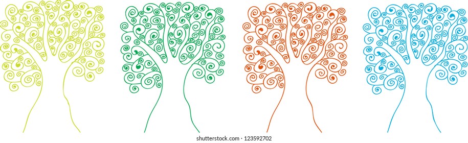 abstract vector backdrop design with four season trees in silhouettes isolated on white background