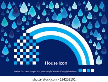 abstract vector backdrop design with house icon, rainbow and rain drops, insurance concept with place for your text