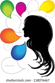 abstract vector backdrop design with ladies profile in silhouette and speech bubbles with place for your text isolated on white background