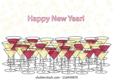 abstract vector backdrop design with new year theme,glasses with red and white wine,bubbles and place for text isolated on white background