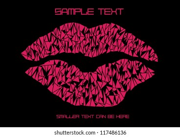 abstract vector backdrop design with pink lips made of symmetrical triangles and place for your text isolated on black background
