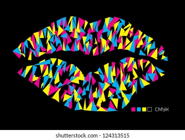 abstract vector backdrop design with pop art lips made of triangles in print colors isolated on black background