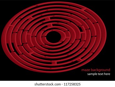 abstract vector backdrop design with round dimensional red maze and place for text isolated on black background