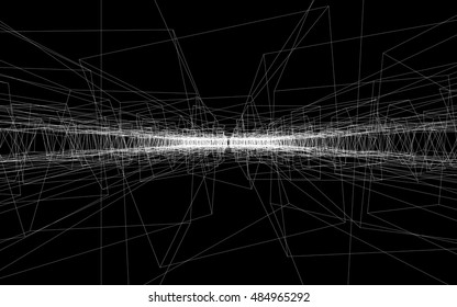 Abstract vector backdrop, wallpaper. Countless randomly crossing wireframe forms. Transparent 3D structures receding to horizon. Irregular geometric design. White stroke, black background. 