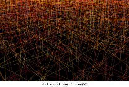 Abstract vector backdrop, wallpaper. Countless randomly intersecting colorful beams concentrating at the top. Glitch art. Red, orange, yellow, crimson lines, black background. Editable stroke weight.