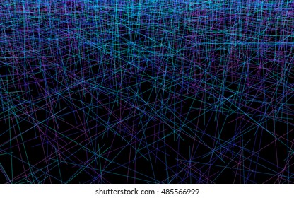 Abstract vector backdrop, wallpaper. Countless randomly intersecting colorful beams concentrating at the top. Glitch art. Cyan, blue, violet, purple lines, black background. Editable stroke weight.