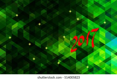 Abstract vector background. 2017 red lettering on green geometric background. New Year and Christmas poster.