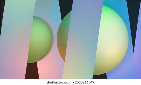 Abstract vector background with 3D spheres and translucent gradient panels in soft pastel tones. Modern, minimal, and colorful design for digital or print use.