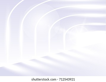Abstract vector background architecture. Architectural perspective. The sloping lines of the architecture. Bright white corridor in a modern building or light tunnel.