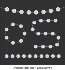 Abstract vector background with beautiful 3D shiny natural white pearl garlands of beads. Set for celebratory design, Christmas decorations. wedding theme. Vector illustration