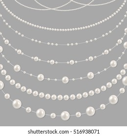  Abstract Vector Background with  Beautiful 3D shiny natural White Pearl Garlands, Beads. Set for Celebratory Design, Christmas decorations, Wedding theme. Vector Illustration. 
