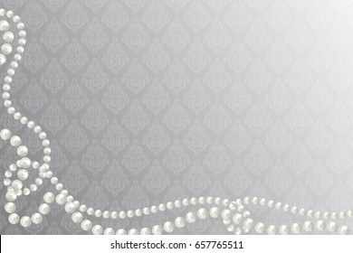 Abstract vector background with beautiful 3D shiny natural white pearl garlands, beads on victorian background. Set for celebratory design, Christmas decorations. wedding theme. Vector illustration.