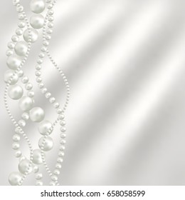 Abstract vector background with beautiful 3D shiny natural white pearl garlands, beads on silk fabric. Set for celebratory design, Christmas decorations. wedding theme. Vector illustration.