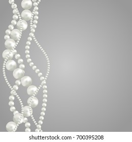 Abstract vector background with beautiful 3D shiny natural white pearl garlands of beads. Set for celebratory design, Christmas decorations. wedding theme. Vector illustration.