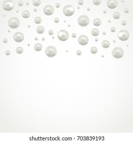 Abstract vector background with beautiful 3D shiny natural white pearl beads on white. Good for celebratory design, Christmas decorations. wedding theme. Vector illustration.