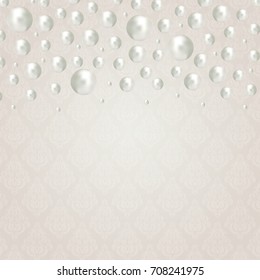 Abstract vector background with beautiful 3D shiny natural white pearl beads on ornate vintage pattern. Set for celebratory design, Christmas decorations. wedding theme. Vector illustration.