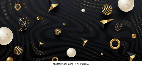 Abstract vector background. Black and golden geometric shape and elements on black abstract striped background with golden halftone. Vector illustration.