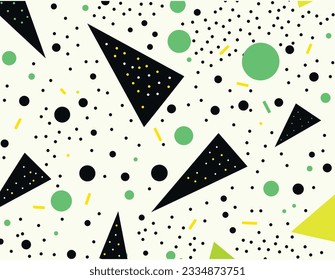 abstract vector background with black and green triangles and dots, in the style of whimsical minimalism, pointillist dots and dashes, colorful figures, memphis design, simple minimalism