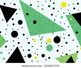 abstract vector background with black and green triangles and dots, in the style of whimsical minimalism, pointillist dots and dashes, colorful figures, memphis design, simple minimalism
