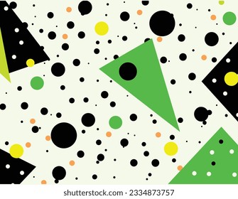 abstract vector background with black and green triangles and dots, in the style of whimsical minimalism, pointillist dots and dashes, colorful figures, memphis design, simple minimalism