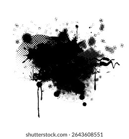 Vetor de fundo abstrato com mancha de tinta grunge preta, pintura pingando e textura pontilhada. Perfeito para temas de design alternativos, artísticos ou subterrâneos.