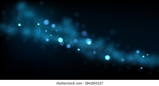 Abstract vector background with blue bokeh texture. Defocused glitter dust. Blurred lights on black. Festive luxury backdrop with flowing particles.