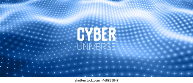 Abstract vector background with blue neon lights forming wavy surface. Neon cyber surface flow. Smooth blue cyber relief from glowing particles. Elegant modern backdrop.