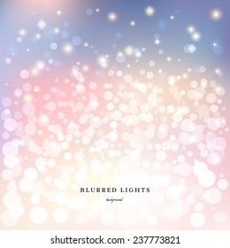Abstract vector  background. Blurred Christmas Lights with bokeh effect, snowflakes and stars. 
