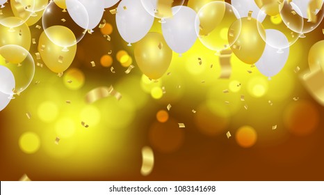 abstract vector background with bokeh effect and Vector party balloons illustration. Confetti and ribbons flag ribbons, Celebration 