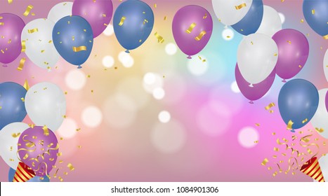 Abstract vector background with bokeh effect and Vector party balloons illustration.  Purple and pink colorful balloons Balloons and confetti Carnival festival