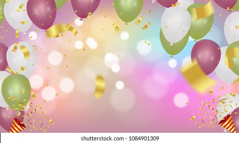 Abstract vector background with bokeh effect and Vector party balloons illustration.  Purple and pink colorful balloons Balloons and confetti Carnival festival