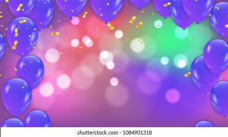 Abstract vector background with bokeh effect and Vector party balloons illustration.  Purple and pink colorful balloons Balloons and confetti Carnival festival