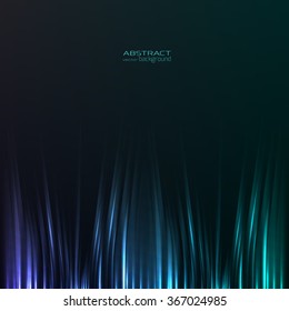 Abstract vector background. Bottom vertical glowing light glowing light rays. Shades of purple and blue on black background.