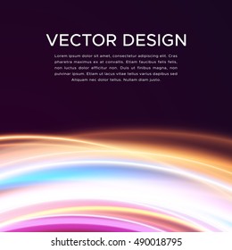 Abstract vector background with bright glowing light curves isolated on black. Colorful banner design template with blank space.