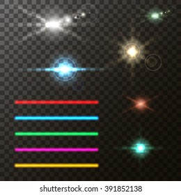 Abstract vector background. Bright neon lines. Glowing lights and stars. Colorful bright lens flares beams on transparent backdrop