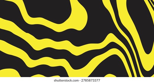 Abstract vector background with bright yellow wavy lines on black, dynamic topographic pattern or liquid texture. reative trippy pattern