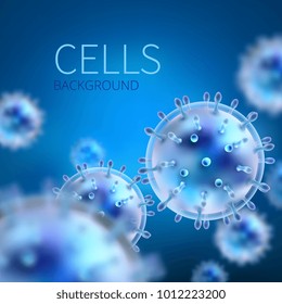 Abstract Vector Background With Cells And Viruses. Biology Medical Science Concept. Virus Cell Scientific, Medical Molecule Technology Biotechnology Illustration
