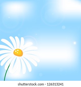 abstract vector background with chamomile flower in sunshine, sky and clouds
