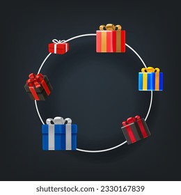 Abstract vector background with circle frame with gift boxes. Landing page template. 3d vector illustration