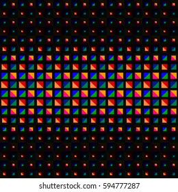 Abstract vector background with color triangles in square. Geometric tiled graphic texture. Grid mosaic with bright shapes. Colorful decor for wallpaper web cover flyer poster banner. Disco party show
