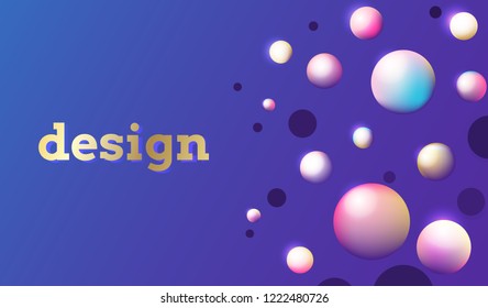 Abstract vector background with colorful 3D shapes on violet. Modern vertical banner with spheres