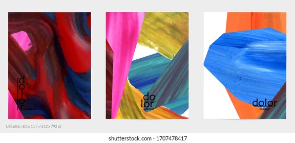 Abstract vector background with colorful bright acrylic textured shapes. Artistic flyer design template. Hand drawn collage art digital paint. Universal layout with brush stroke splashes.